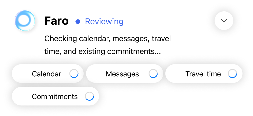 Faro reviewing card checking calendar, messages, travel time, and commitments.