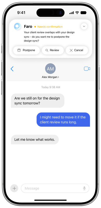 Phone message screen with Faro requesting confirmation above a conversation.