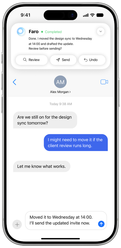 Phone message screen with Faro completed and a drafted update in the input field.